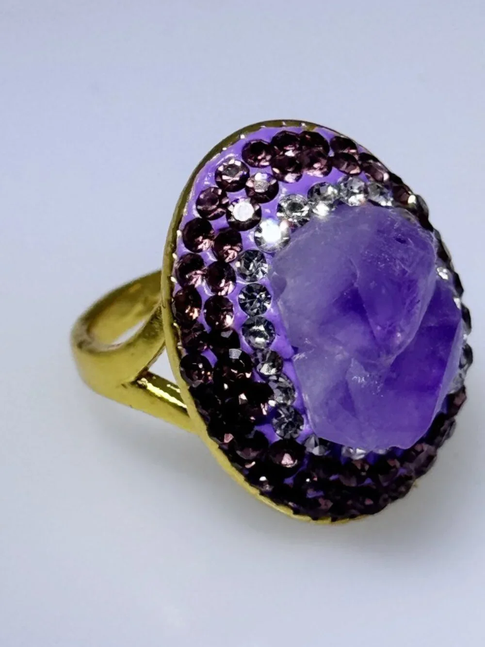 Gold plate fashion ring, NWOT, adjustable, raw Amethyst crystal center, CZs